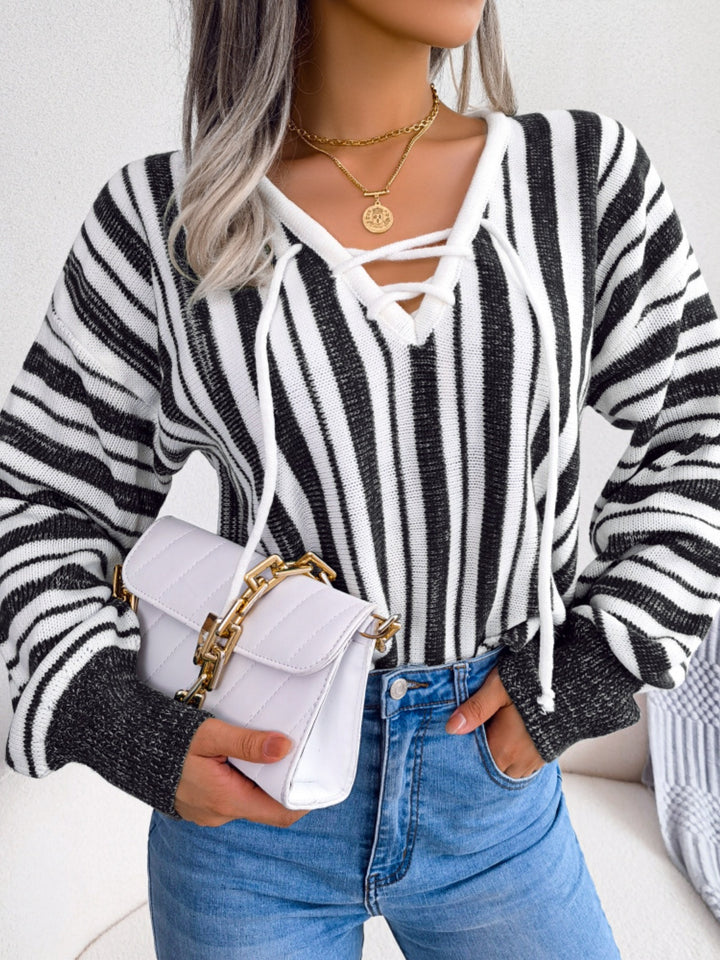 Striped Lace-Up Long Sleeve Sweater-Trendsi-[option4]-[option5]-[option6]-[option7]-[option8]-Shop-Boutique-Clothing-for-Women-Online