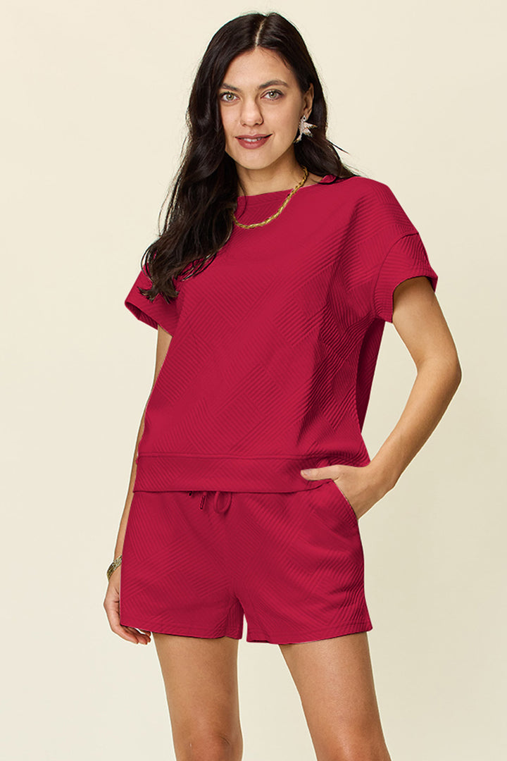 Double Take Texture Short Sleeve T-Shirt and Drawstring Shorts Set-Trendsi-Deep Red-S-[option4]-[option5]-[option6]-[option7]-[option8]-Shop-Boutique-Clothing-for-Women-Online