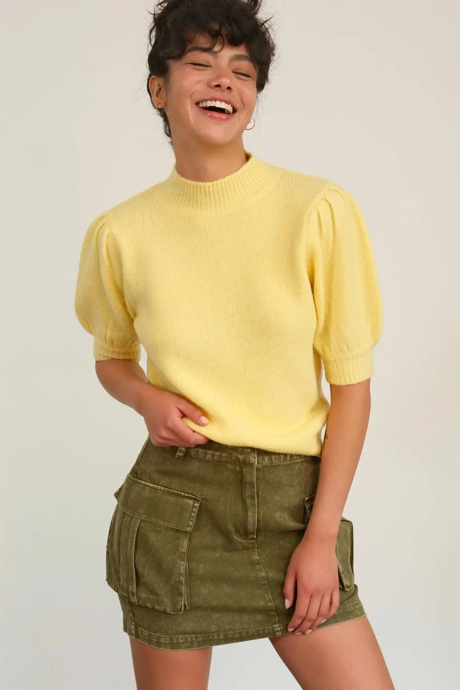 HYFVE Mock Neck Puff Sleeve Sweater-Sweater-Trendsi-Creamy Yellow-S-[option4]-[option5]-[option6]-[option7]-[option8]-Shop-Boutique-Clothing-for-Women-Online