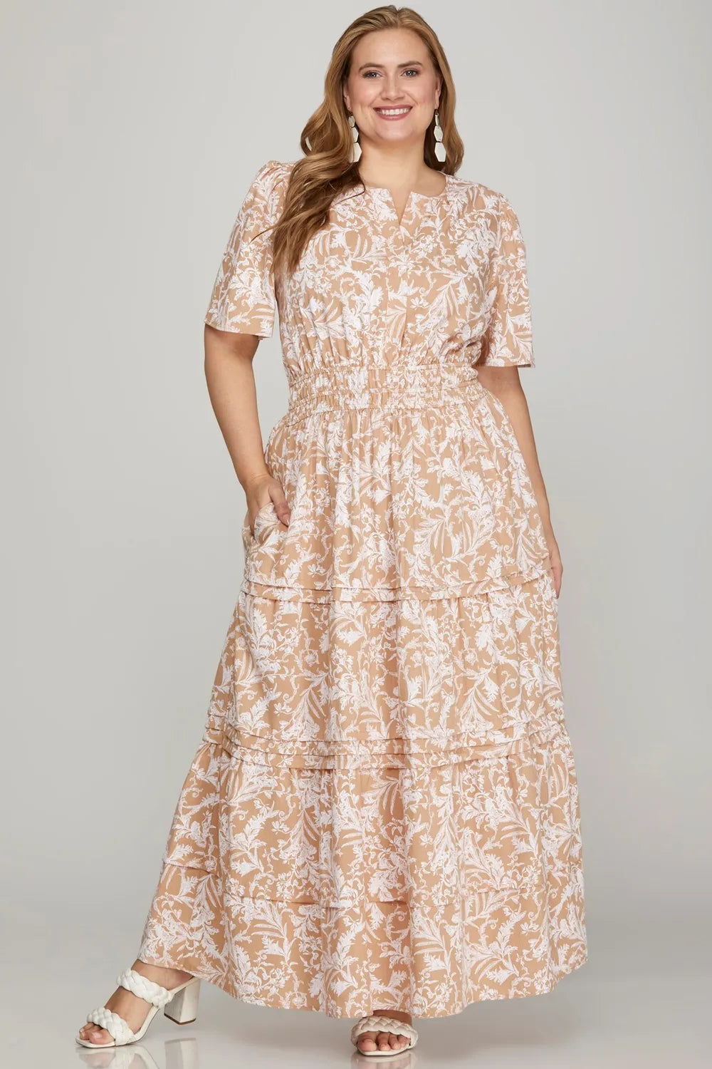 She + Sky Printed Notched Woven Tiered Pintuck Maxi Dress with Side Pockets-Dresses-Trendsi-[option4]-[option5]-[option6]-[option7]-[option8]-Shop-Boutique-Clothing-for-Women-Online