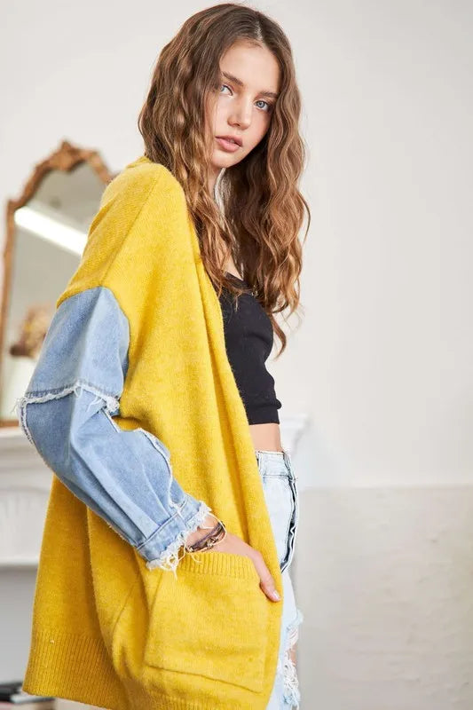 ADORA Full Size Frayed Denim Sleeve Sweater Cardigan-Coats & Jackets-Trendsi-[option4]-[option5]-[option6]-[option7]-[option8]-Shop-Boutique-Clothing-for-Women-Online