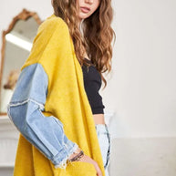 ADORA Full Size Frayed Denim Sleeve Sweater Cardigan-Coats & Jackets-Trendsi-[option4]-[option5]-[option6]-[option7]-[option8]-Shop-Boutique-Clothing-for-Women-Online