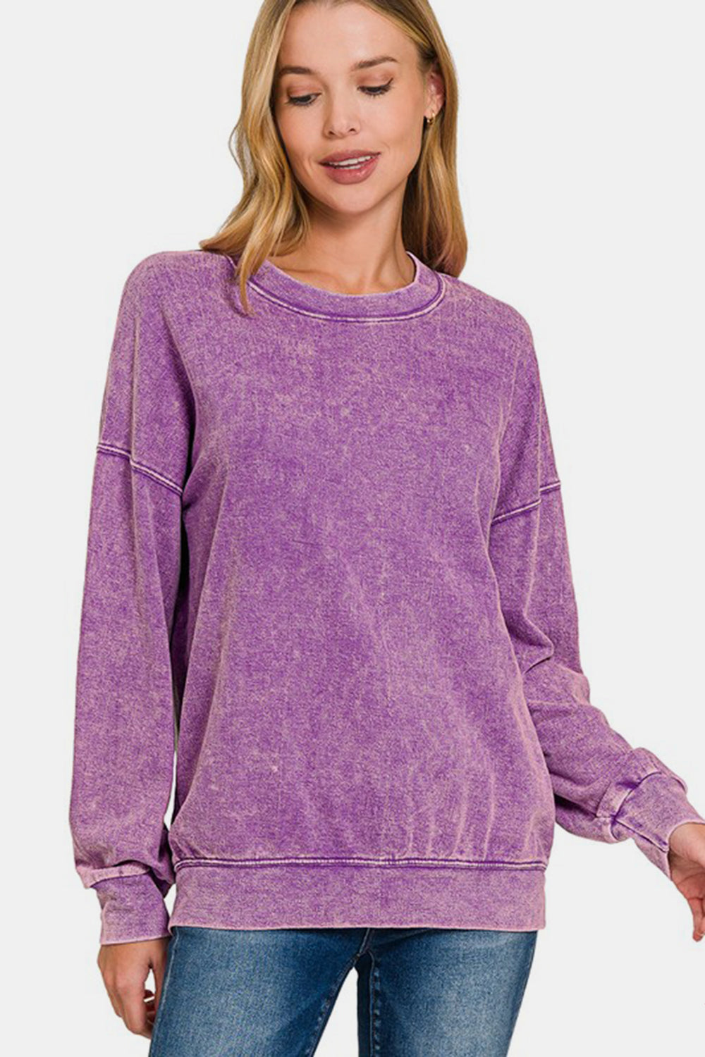 Zenana Washed Round Neck Dropped Shoulder Sweatshirt-Trendsi-Violet-S-[option4]-[option5]-[option6]-[option7]-[option8]-Shop-Boutique-Clothing-for-Women-Online