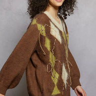 POL V-Neck Argyle Pattern Mohair Sweater with Contrast Exposed Stitch Detail-sweater-Trendsi-[option4]-[option5]-[option6]-[option7]-[option8]-Shop-Boutique-Clothing-for-Women-Online