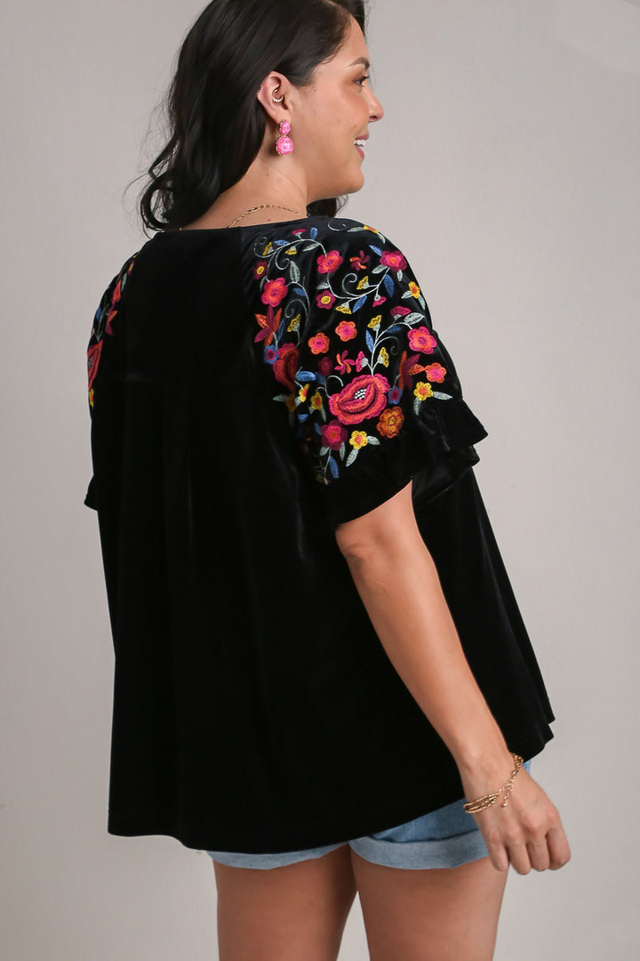 Umgee Velvet Embroidery Short Sleeve Blouse-Trendsi-[option4]-[option5]-[option6]-[option7]-[option8]-Shop-Boutique-Clothing-for-Women-Online