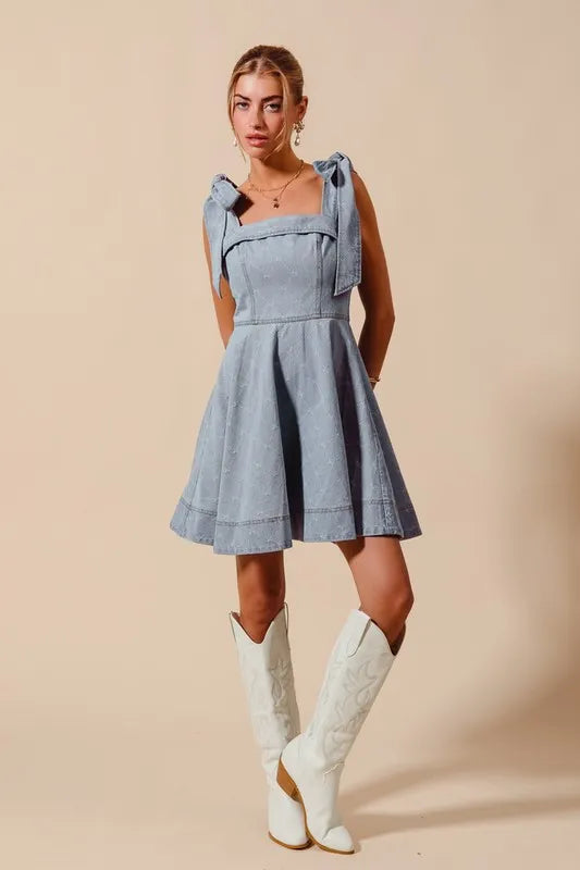 SO ME A Line Fit and Flare Diamond Bow Ribbon Denim Dres-Dresses-Trendsi-[option4]-[option5]-[option6]-[option7]-[option8]-Shop-Boutique-Clothing-for-Women-Online