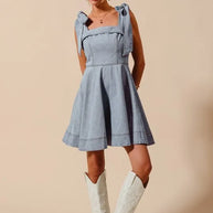 SO ME A Line Fit and Flare Diamond Bow Ribbon Denim Dres-Dresses-Trendsi-[option4]-[option5]-[option6]-[option7]-[option8]-Shop-Boutique-Clothing-for-Women-Online