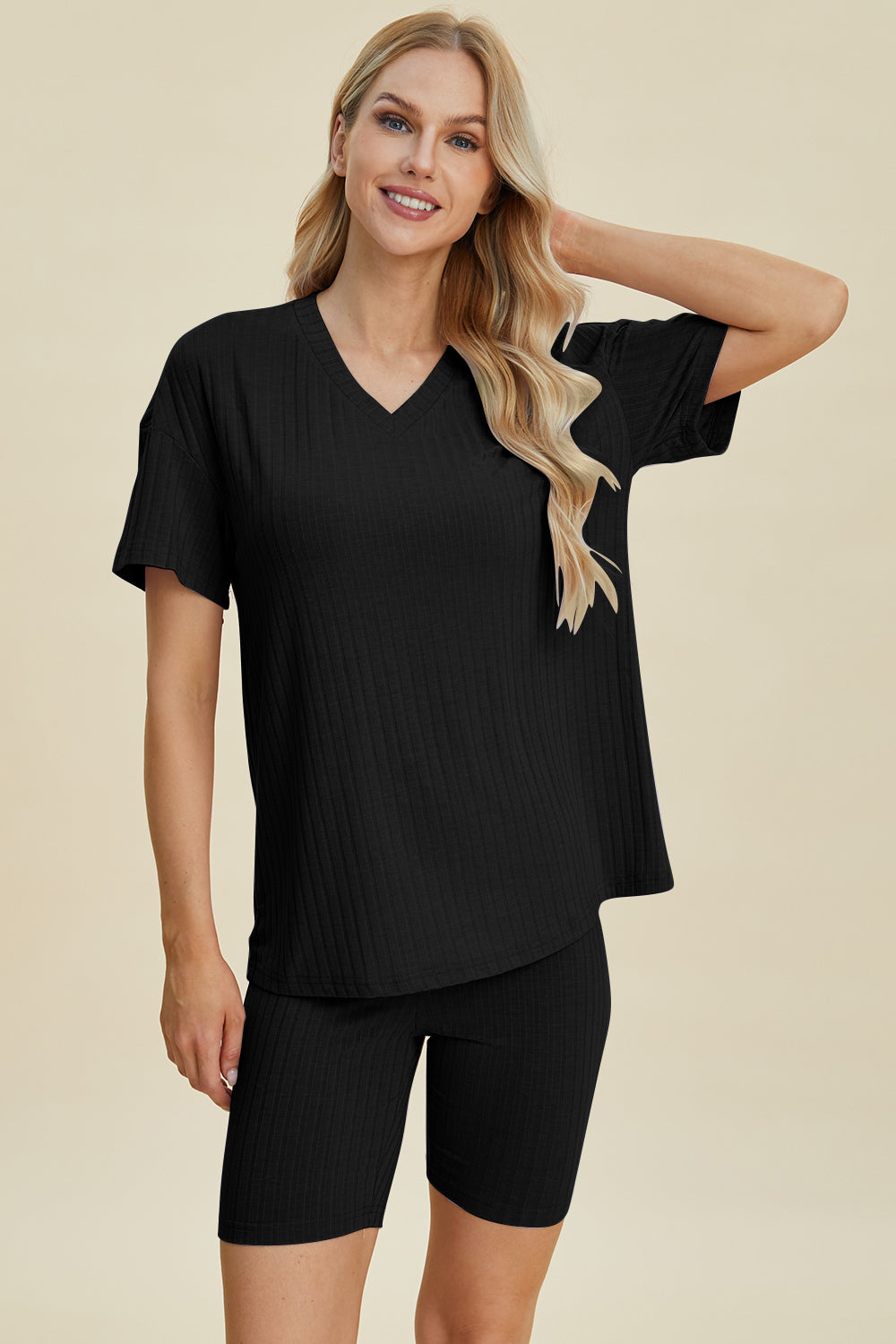 Basic Bae Ribbed V-Neck Short Sleeve Top and Shorts Set-Trendsi-Black-3XL-[option4]-[option5]-[option6]-[option7]-[option8]-Shop-Boutique-Clothing-for-Women-Online