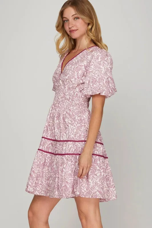She + Sky Full Size Printed V-Neck Puff Sleeve Tiered Dress-Dresses-Trendsi-[option4]-[option5]-[option6]-[option7]-[option8]-Shop-Boutique-Clothing-for-Women-Online