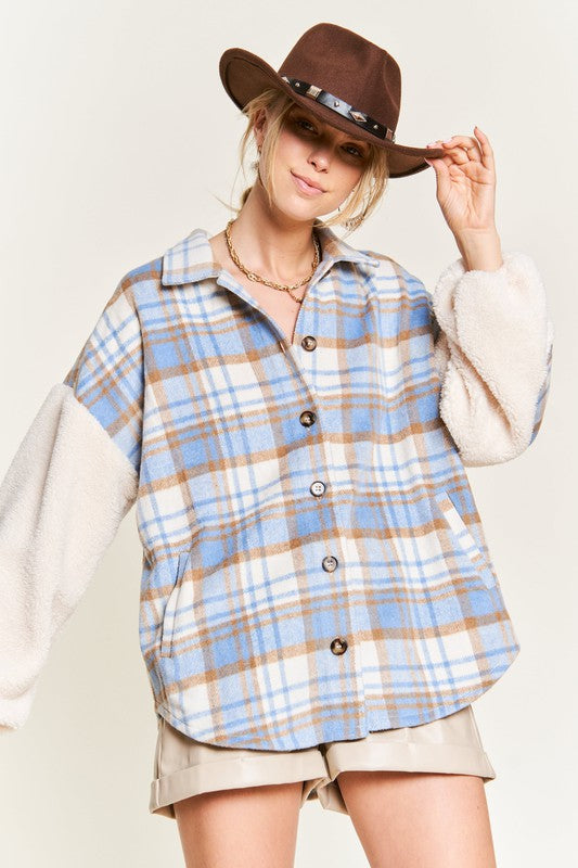 Multi plaid fuzzy sleeve jacket PLUS SIZE-Jade By Jane-[option4]-[option5]-[option6]-[option7]-[option8]-Shop-Boutique-Clothing-for-Women-Online
