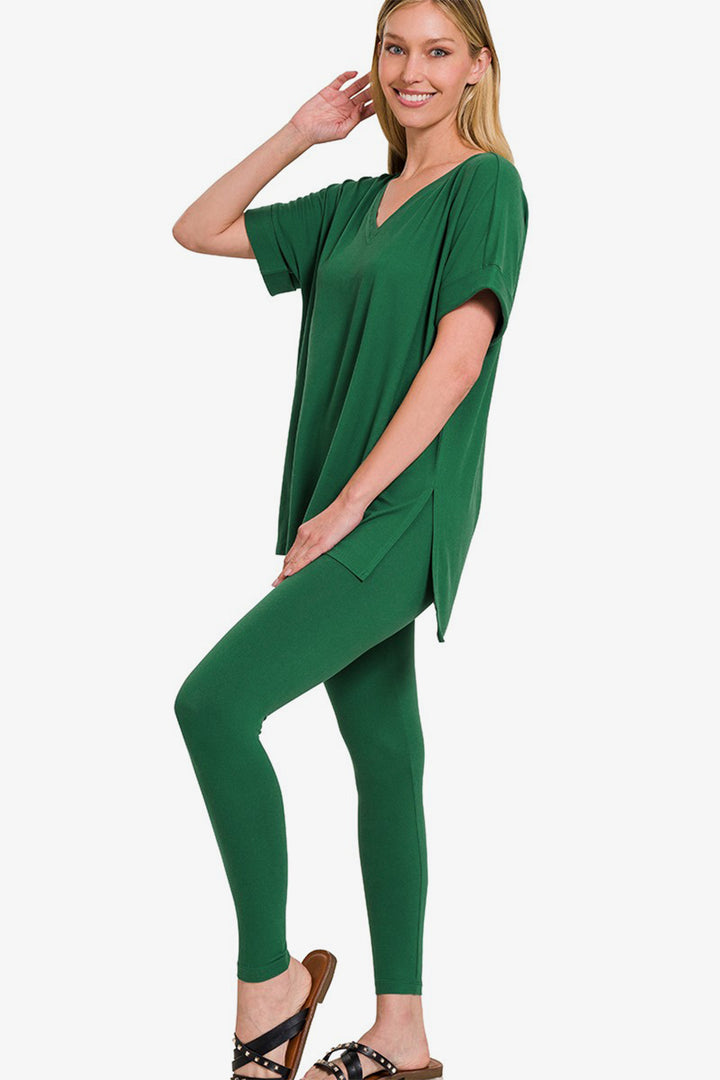 Zenana V-Neck Rolled Short Sleeve T-Shirt and Leggings Lounge Set-Trendsi-DK Green-S-[option4]-[option5]-[option6]-[option7]-[option8]-Shop-Boutique-Clothing-for-Women-Online