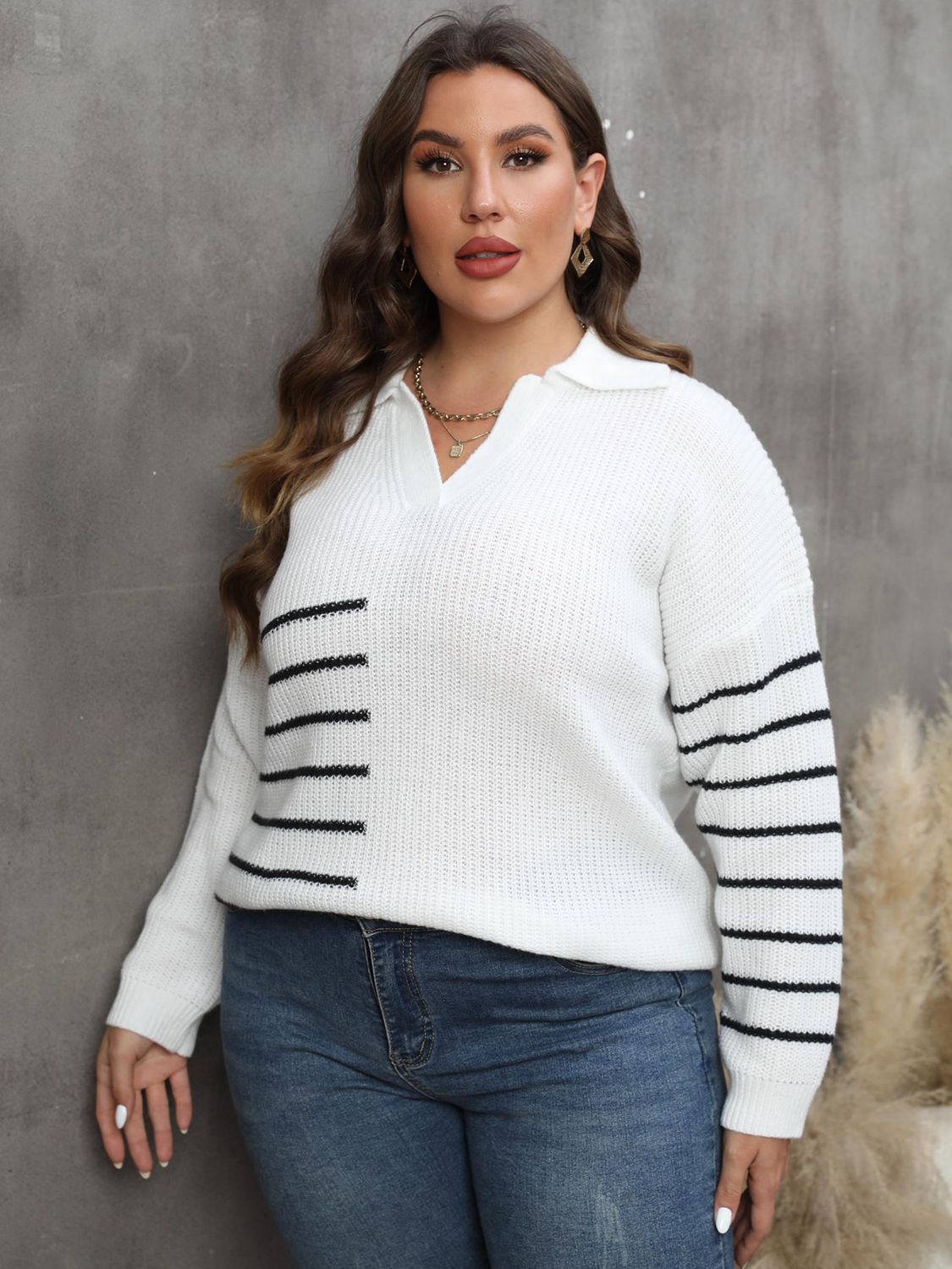 Plus Size Striped V-Neck Sweater-Sweaters-Trendsi-[option4]-[option5]-[option6]-[option7]-[option8]-Shop-Boutique-Clothing-for-Women-Online