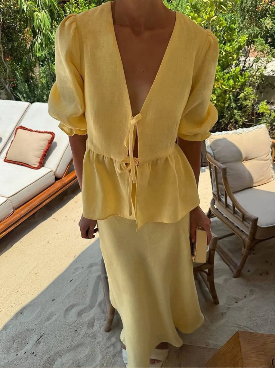 Tie Front Peplum Top and Skirt Set-Sets-Trendsi-[option4]-[option5]-[option6]-[option7]-[option8]-Shop-Boutique-Clothing-for-Women-Online