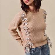 SO ME Checkered Plaid Tape Lace Up Ribbed Sweater-Sweaters-Trendsi-[option4]-[option5]-[option6]-[option7]-[option8]-Shop-Boutique-Clothing-for-Women-Online