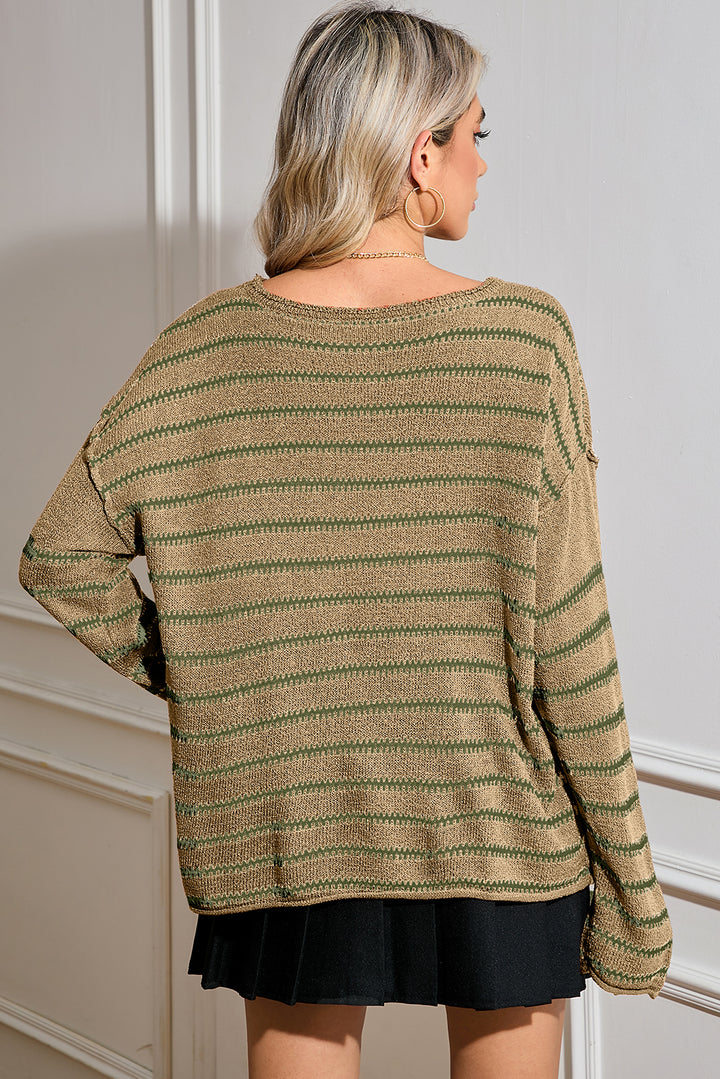 Casual Stripe Round Neck Drop Shoulder Sweater-Sweaters-Shewin-[option4]-[option5]-[option6]-[option7]-[option8]-Shop-Boutique-Clothing-for-Women-Online