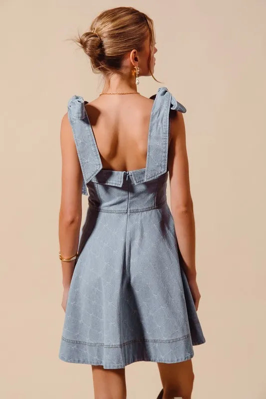 SO ME A Line Fit and Flare Diamond Bow Ribbon Denim Dres-Dresses-Trendsi-[option4]-[option5]-[option6]-[option7]-[option8]-Shop-Boutique-Clothing-for-Women-Online