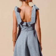 SO ME A Line Fit and Flare Diamond Bow Ribbon Denim Dres-Dresses-Trendsi-[option4]-[option5]-[option6]-[option7]-[option8]-Shop-Boutique-Clothing-for-Women-Online