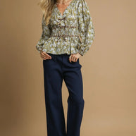 Umgee Floral Smocked Peplum Blouse with Tie Detail-Tops-Trendsi-[option4]-[option5]-[option6]-[option7]-[option8]-Shop-Boutique-Clothing-for-Women-Online