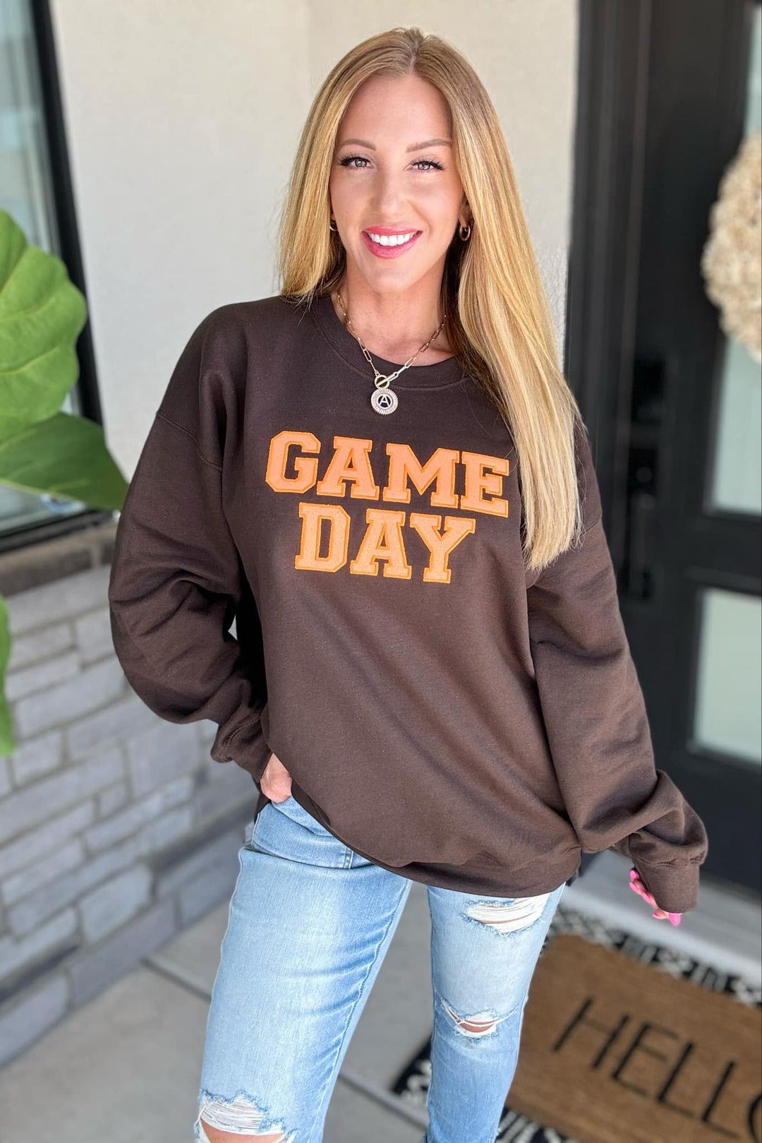 PREORDER: Embroidered Glitter Game Day Sweatshirt in Brown/Orange-Womens-Ave Shops-[option4]-[option5]-[option6]-[option7]-[option8]-Shop-Boutique-Clothing-for-Women-Online
