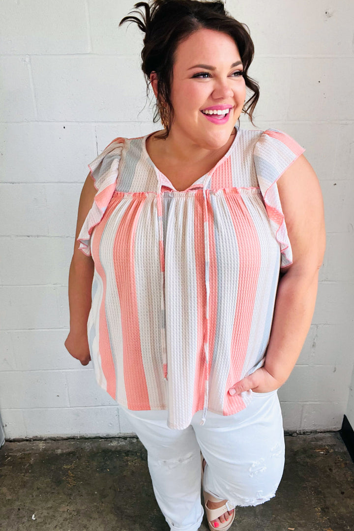 Coral & Light Blue Stripe Waffle Tie Neck Top-Sugarfox-[option4]-[option5]-[option6]-[option7]-[option8]-Shop-Boutique-Clothing-for-Women-Online