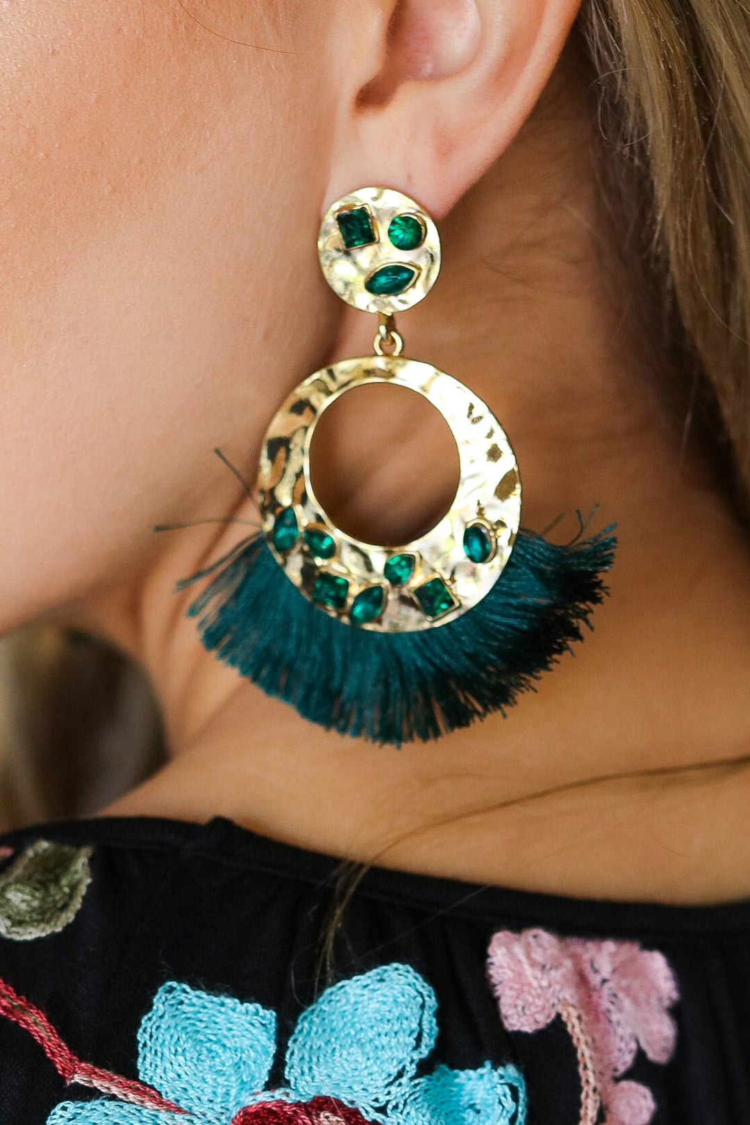 Emerald Rhinestone Tassel Gold Drop Earrings-ICON-One Size Fits All-[option4]-[option5]-[option6]-[option7]-[option8]-Shop-Boutique-Clothing-for-Women-Online