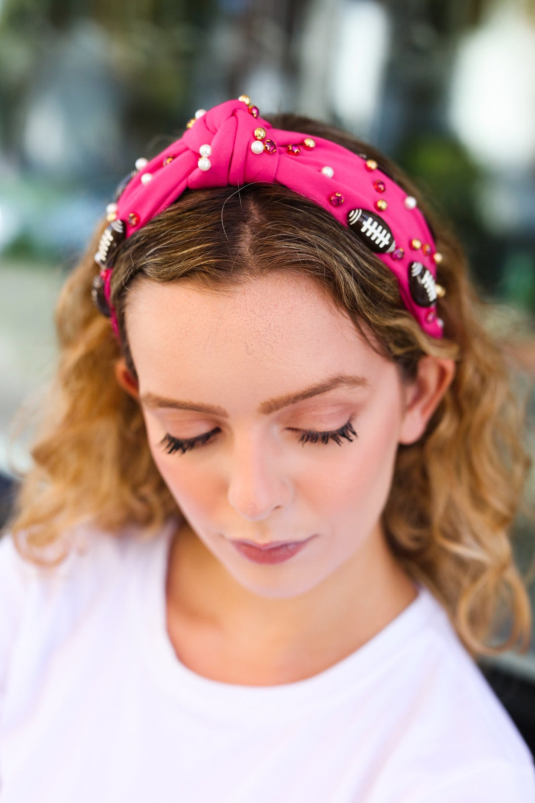 Fuchsia Stone & Gem Football Embellished Top Knot Headband-Jane Ruth-One Size Fits All-[option4]-[option5]-[option6]-[option7]-[option8]-Shop-Boutique-Clothing-for-Women-Online