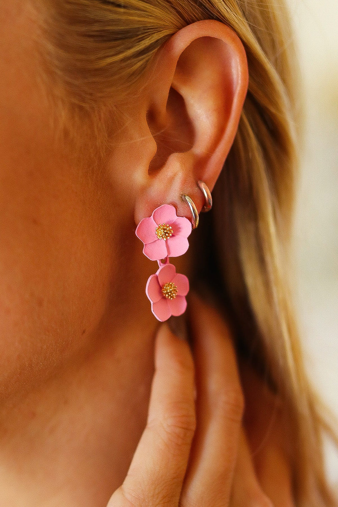 Pastel Pink Tiered Flower Dangle Earrings-ICON-One Size Fits All-[option4]-[option5]-[option6]-[option7]-[option8]-Shop-Boutique-Clothing-for-Women-Online