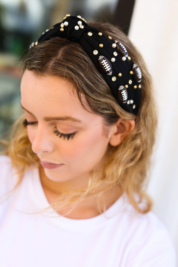 Black Stone & Gem Football Embellished Top Knot Headband-Jane Ruth-One Size Fits All-[option4]-[option5]-[option6]-[option7]-[option8]-Shop-Boutique-Clothing-for-Women-Online