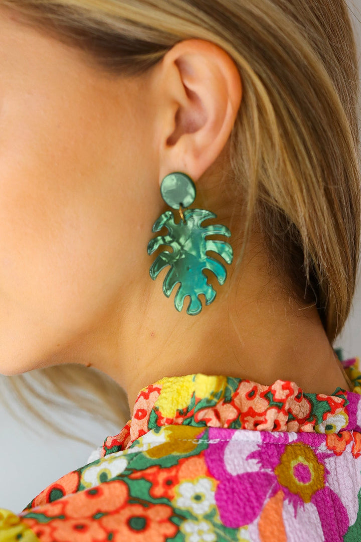 Emerald Acrylic Monstera Leaf Earrings-ICON-One Size Fits All-[option4]-[option5]-[option6]-[option7]-[option8]-Shop-Boutique-Clothing-for-Women-Online