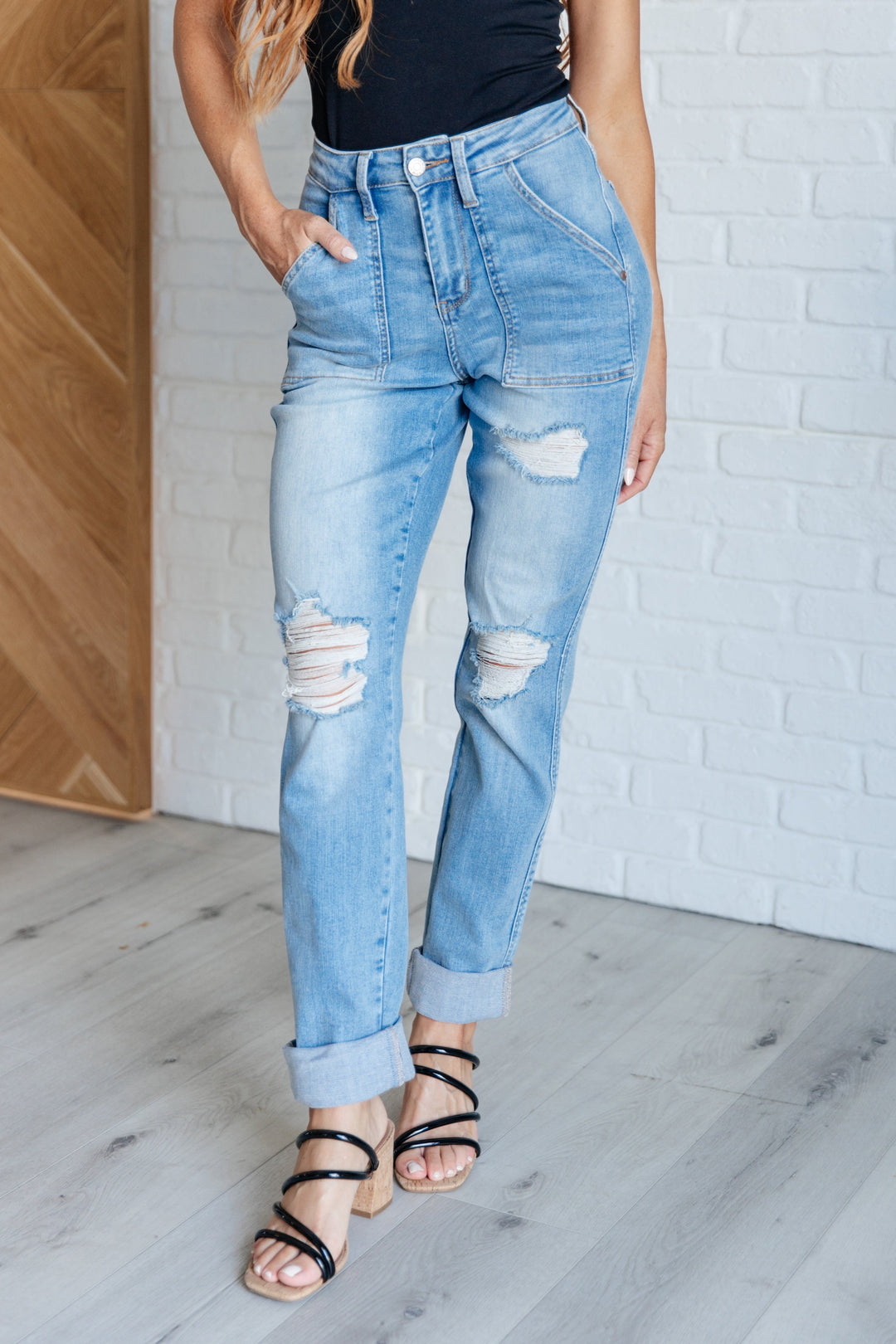 Judy Blue Aiden High Rise Patch Pocket Distressed Boyfriend Jeans-Womens-Ave Shops-[option4]-[option5]-[option6]-[option7]-[option8]-Shop-Boutique-Clothing-for-Women-Online