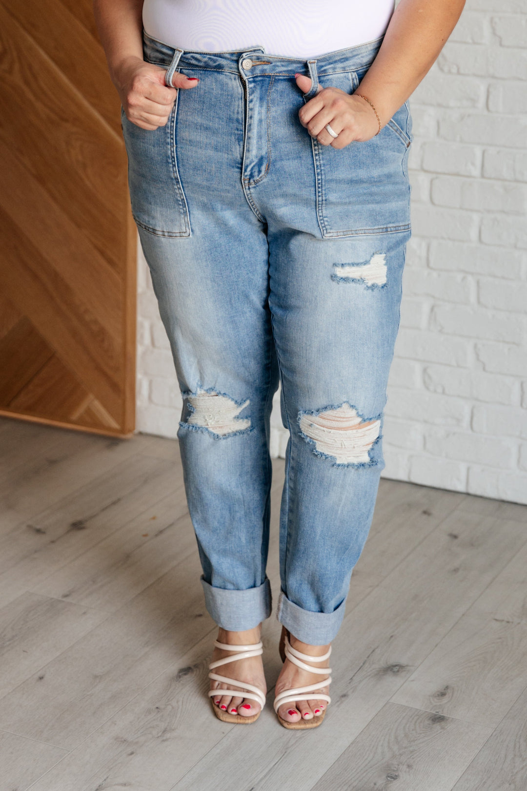 Judy Blue Aiden High Rise Patch Pocket Distressed Boyfriend Jeans-Womens-Ave Shops-[option4]-[option5]-[option6]-[option7]-[option8]-Shop-Boutique-Clothing-for-Women-Online