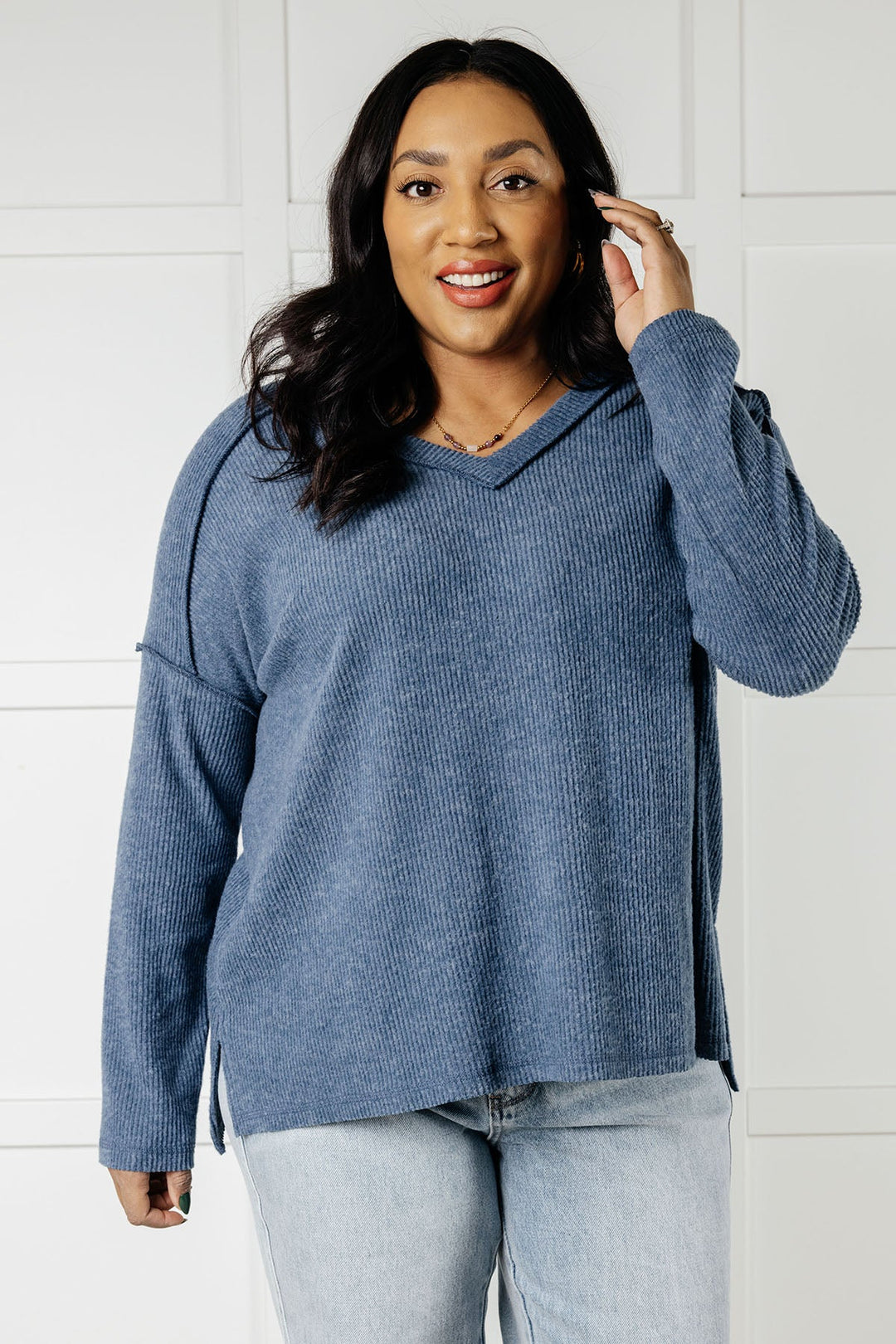 Zenana Basically Freezing Brushed Hacci Top in Dusty Blue-Tops-Ave Shops-[option4]-[option5]-[option6]-[option7]-[option8]-Shop-Boutique-Clothing-for-Women-Online