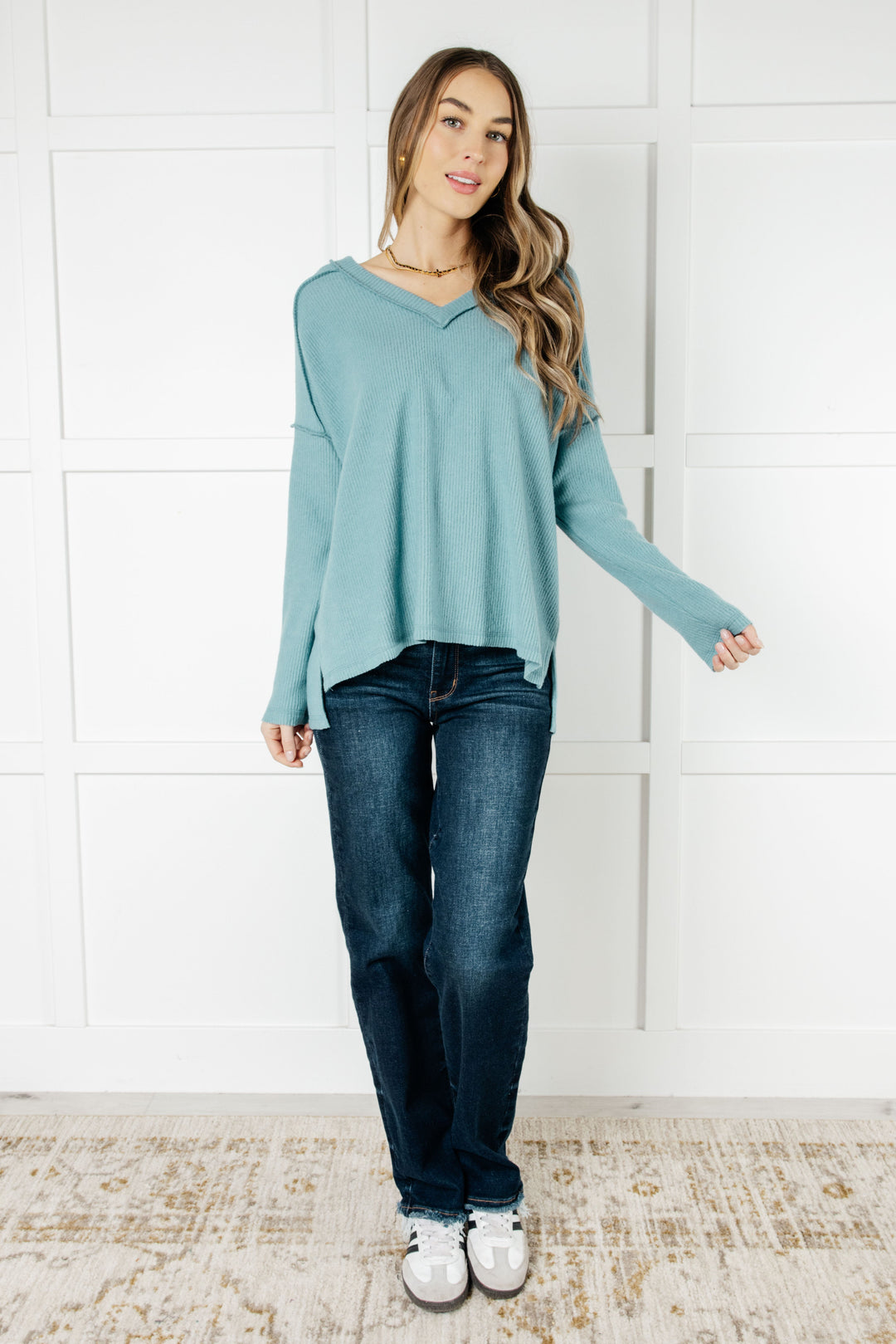 Zenana Basically Freezing Brushed Hacci Top in Dusty Teal-Tops-Ave Shops-[option4]-[option5]-[option6]-[option7]-[option8]-Shop-Boutique-Clothing-for-Women-Online