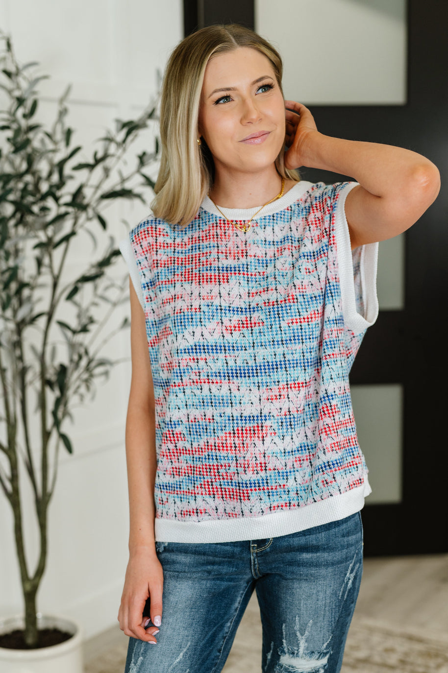 Blurred Beauty Textured Knit Top in Blue, Red and White-Womens-Ave Shops-[option4]-[option5]-[option6]-[option7]-[option8]-Shop-Boutique-Clothing-for-Women-Online