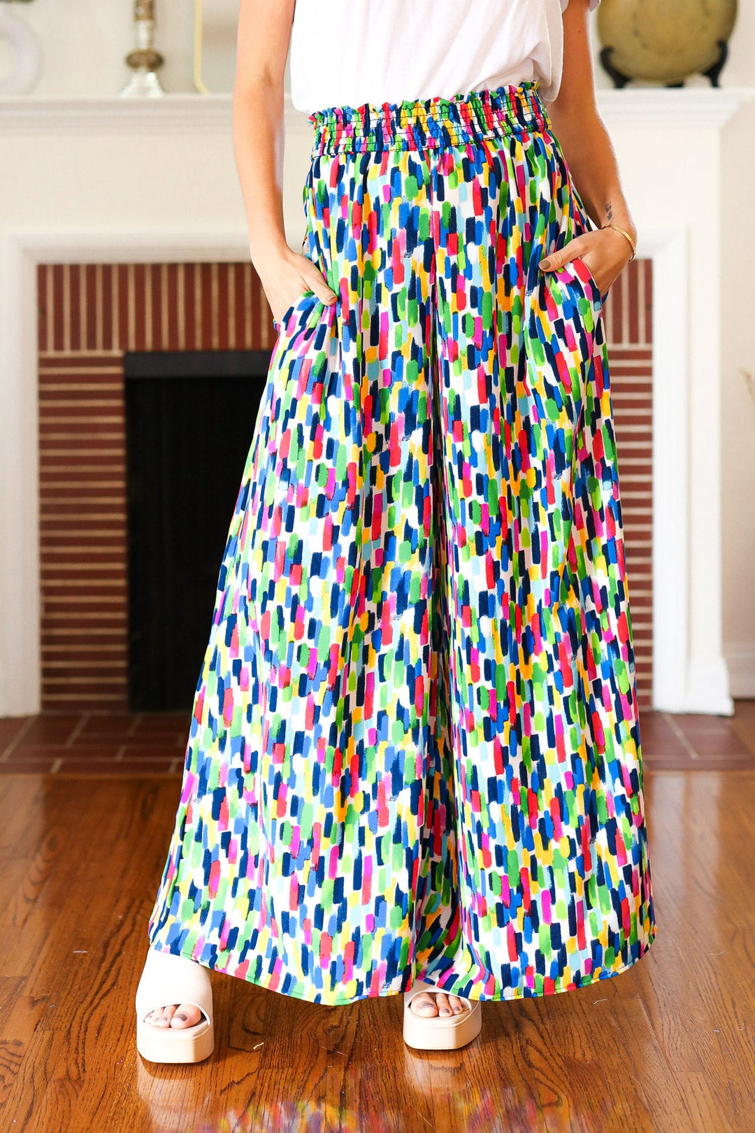 Stand Out Navy & Green Abstract Print Smocked Waist Palazzo Pants-Haptics-[option4]-[option5]-[option6]-[option7]-[option8]-Shop-Boutique-Clothing-for-Women-Online