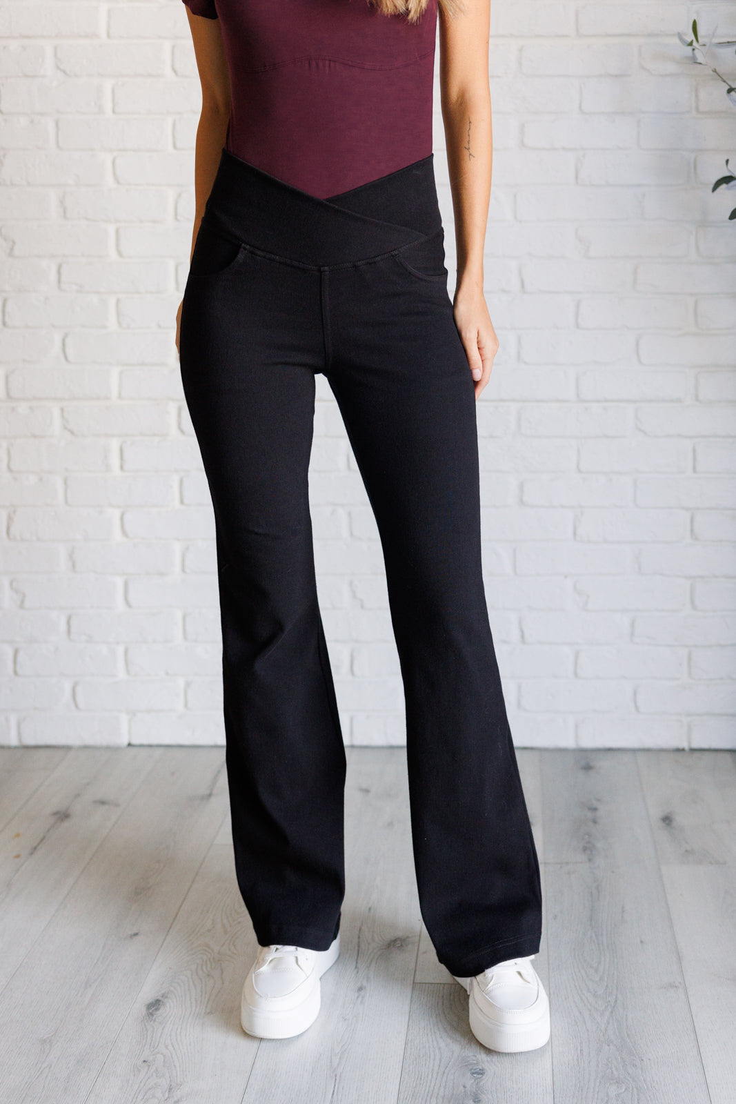 Rae Mode Building Habits Twill Flared Crossover Waist Pant in Black-Bottoms-Ave Shops-[option4]-[option5]-[option6]-[option7]-[option8]-Shop-Boutique-Clothing-for-Women-Online