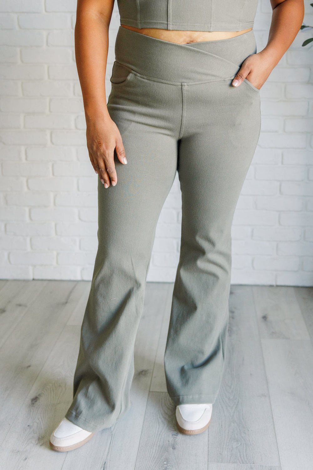 Rae Mode Building Habits Twill Flared Crossover Waist Pant in Dusty Olive-Bottoms-Ave Shops-[option4]-[option5]-[option6]-[option7]-[option8]-Shop-Boutique-Clothing-for-Women-Online