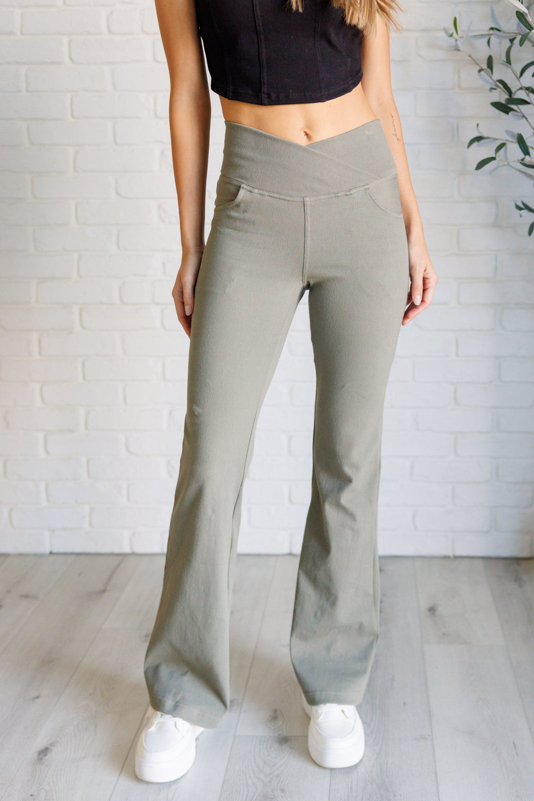 Rae Mode Building Habits Twill Flared Crossover Waist Pant in Dusty Olive-Bottoms-Ave Shops-[option4]-[option5]-[option6]-[option7]-[option8]-Shop-Boutique-Clothing-for-Women-Online