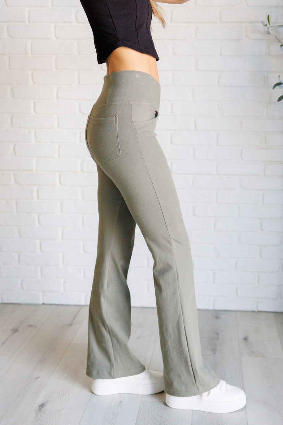 Rae Mode Building Habits Twill Flared Crossover Waist Pant in Dusty Olive-Bottoms-Ave Shops-[option4]-[option5]-[option6]-[option7]-[option8]-Shop-Boutique-Clothing-for-Women-Online