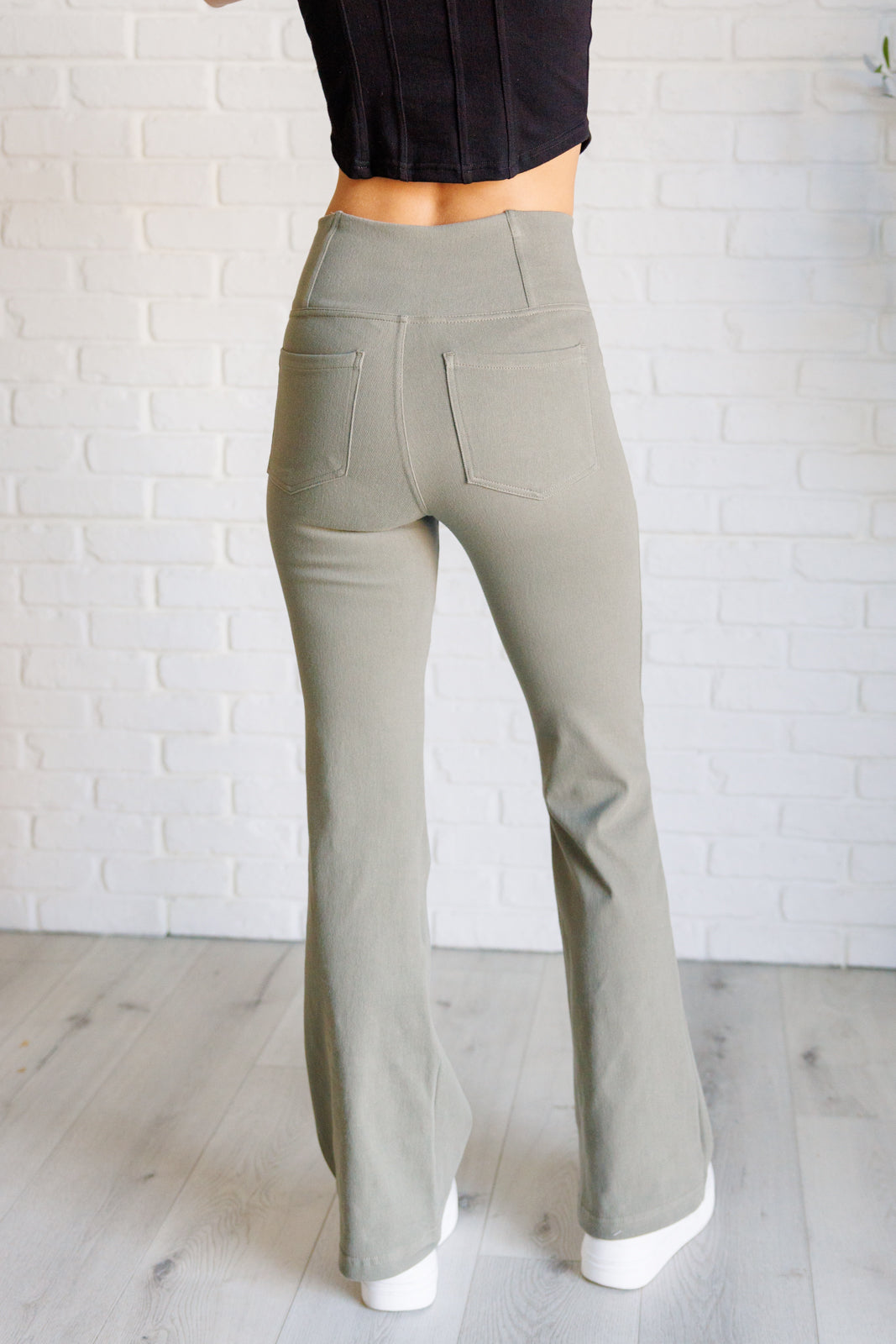 Rae Mode Building Habits Twill Flared Crossover Waist Pant in Dusty Olive-Bottoms-Ave Shops-[option4]-[option5]-[option6]-[option7]-[option8]-Shop-Boutique-Clothing-for-Women-Online