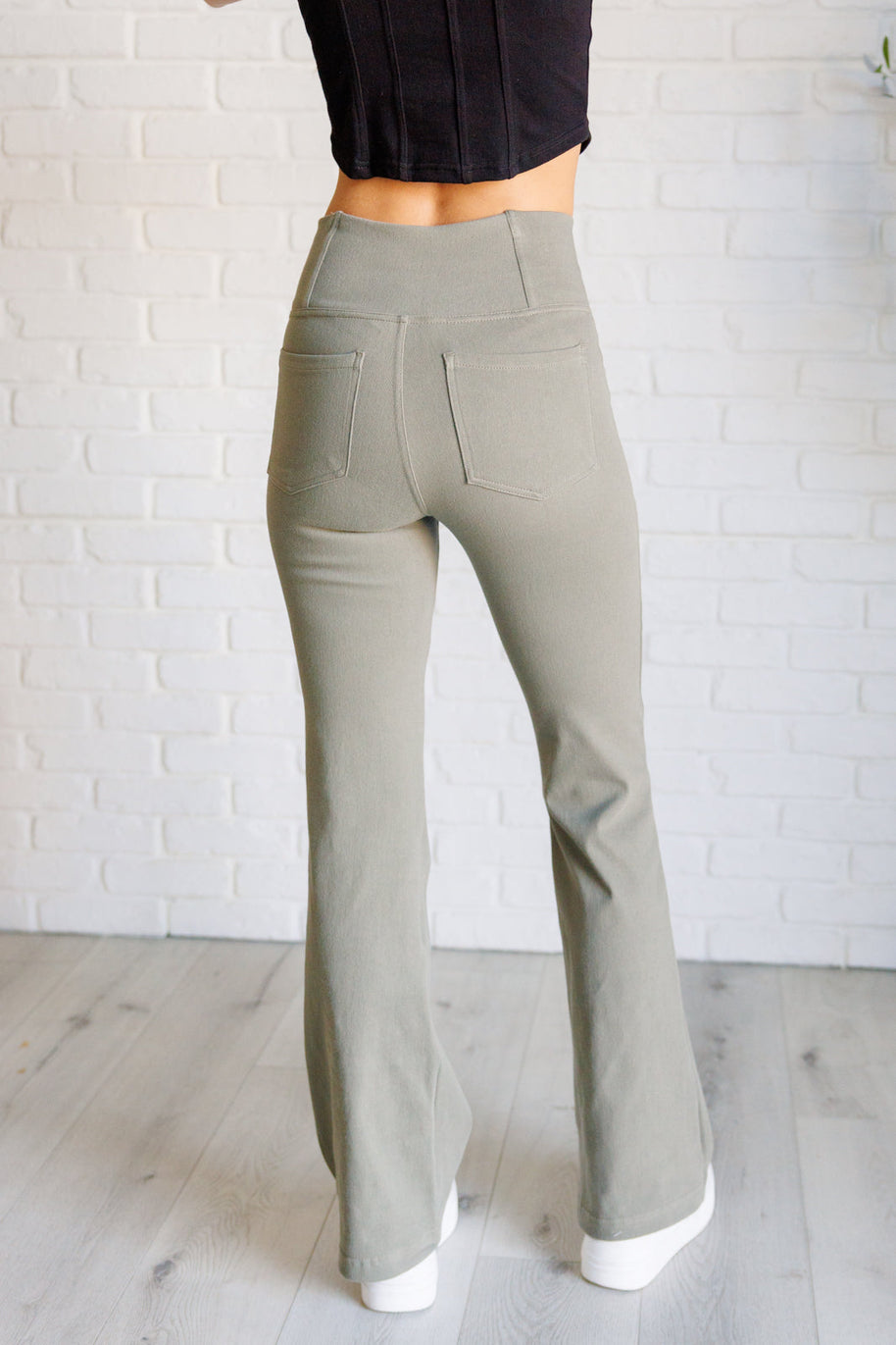 Rae Mode Building Habits Twill Flared Crossover Waist Pant in Dusty Olive-Bottoms-Ave Shops-[option4]-[option5]-[option6]-[option7]-[option8]-Shop-Boutique-Clothing-for-Women-Online