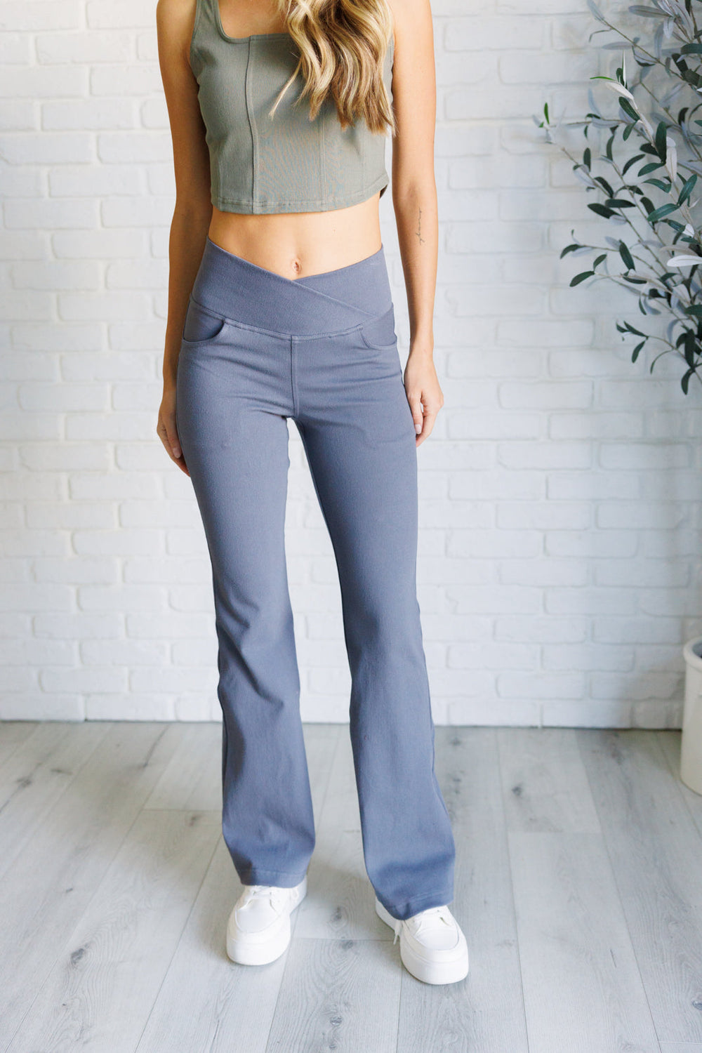 Rae Mode Building Habits Twill Flared Crossover Waist Pant in Titanium-Bottoms-Ave Shops-[option4]-[option5]-[option6]-[option7]-[option8]-Shop-Boutique-Clothing-for-Women-Online