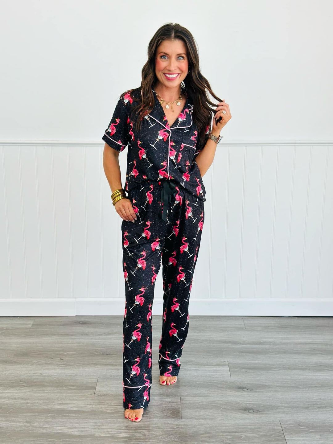 Shirley & Stone Button Down Pant Pajama Set - Flamingo-Preorder CLOSE 8/30/2024-Shirley & Stone-[option4]-[option5]-[option6]-[option7]-[option8]-Shop-Boutique-Clothing-for-Women-Online