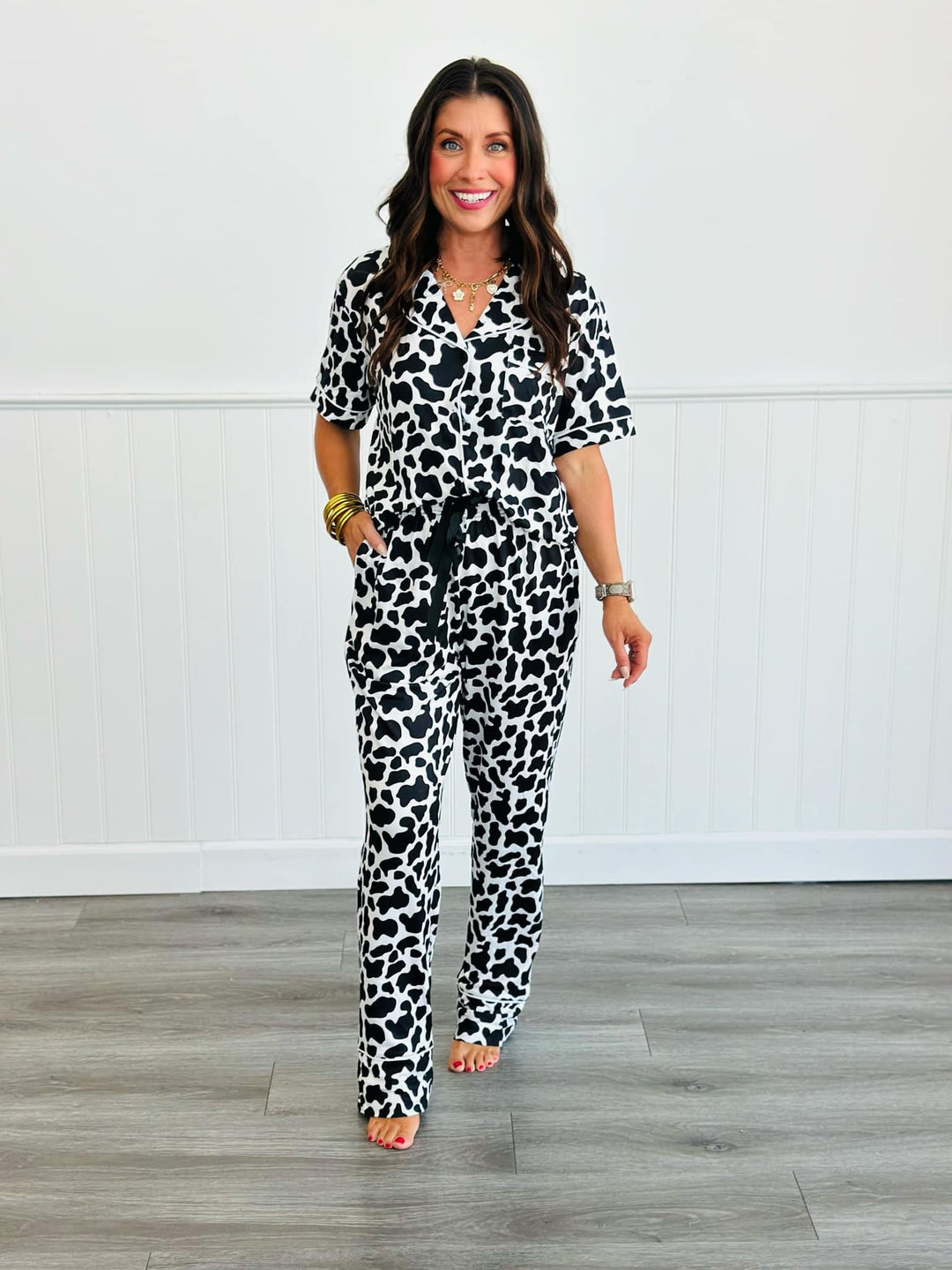 Shirley & Stone Button Down Pant Pajama Set - Cow-Preorder CLOSE 8/30/2024-Shirley & Stone-[option4]-[option5]-[option6]-[option7]-[option8]-Shop-Boutique-Clothing-for-Women-Online