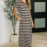 PREORDER: Cap Sleeve Maxi Dress in Black and Tan Stripe-Womens-Ave Shops-[option4]-[option5]-[option6]-[option7]-[option8]-Shop-Boutique-Clothing-for-Women-Online
