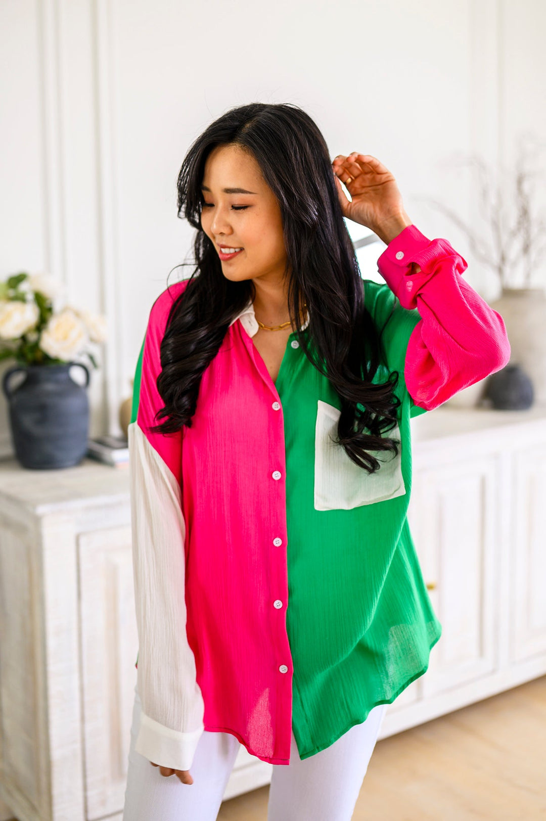 Capture the Day Two Toned Button Up Kelly-Tops-Ave Shops-[option4]-[option5]-[option6]-[option7]-[option8]-Shop-Boutique-Clothing-for-Women-Online