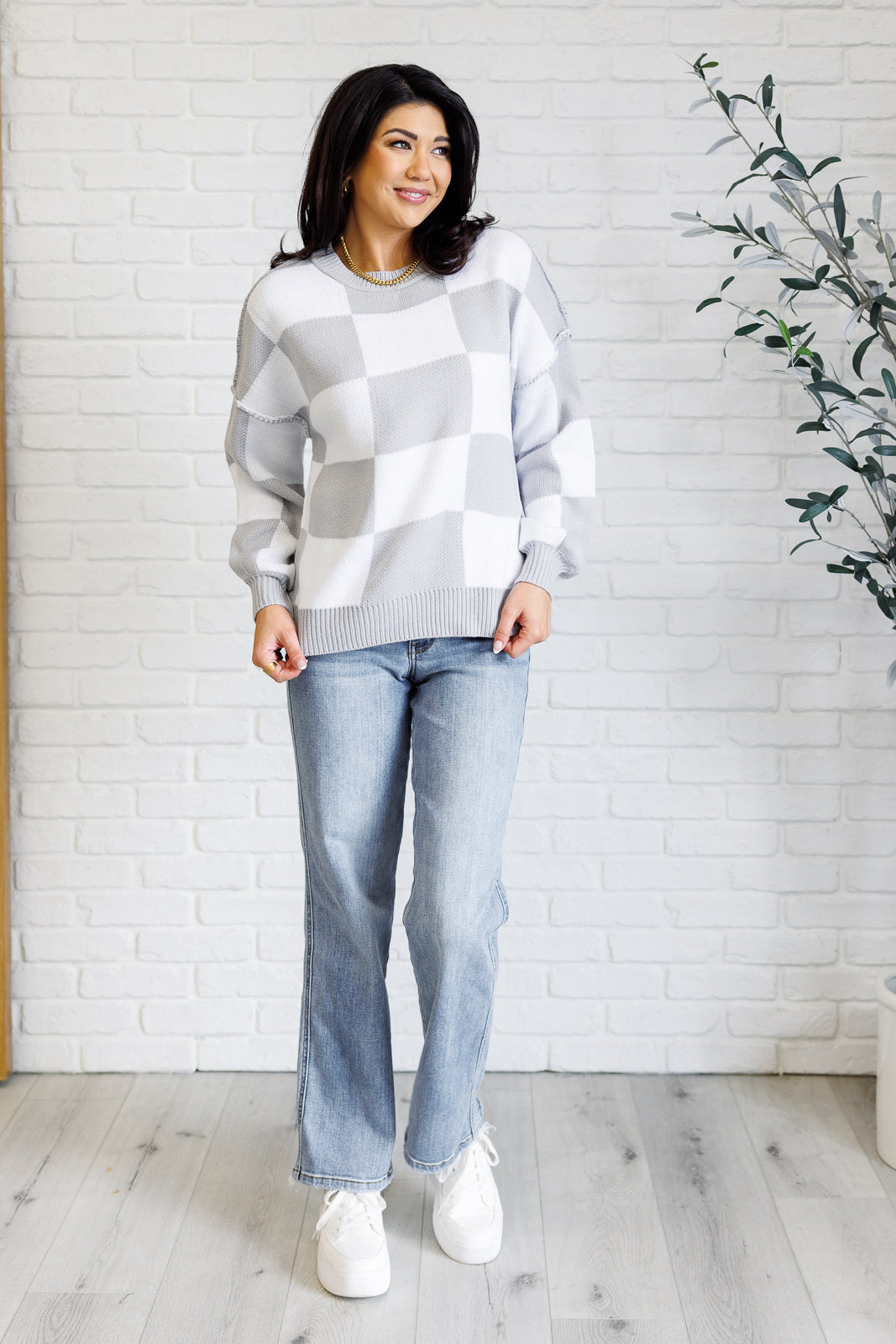 Check Yourself Checkered Sweater in Grey-Tops-Ave Shops-[option4]-[option5]-[option6]-[option7]-[option8]-Shop-Boutique-Clothing-for-Women-Online