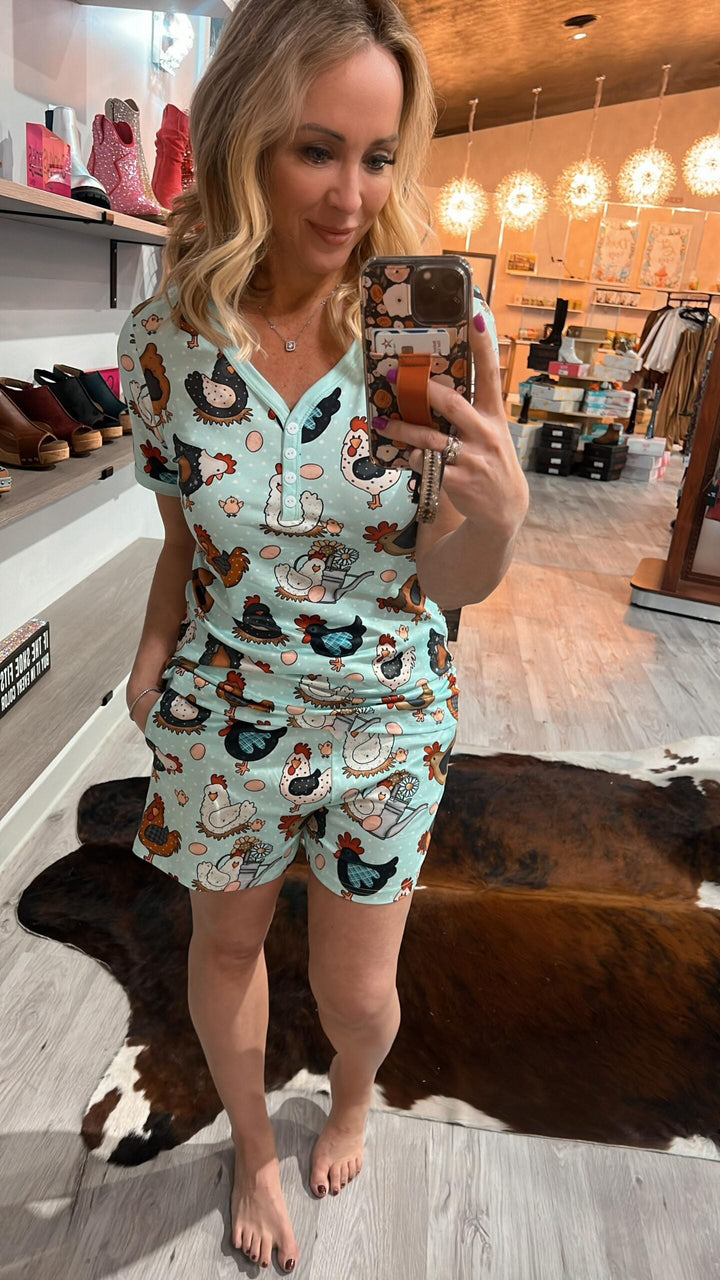 Shirley & Stone Short Pajama Set - Chicken-Preorder Close 03.29.2024-Shirley & Stone-[option4]-[option5]-[option6]-[option7]-[option8]-Shop-Boutique-Clothing-for-Women-Online