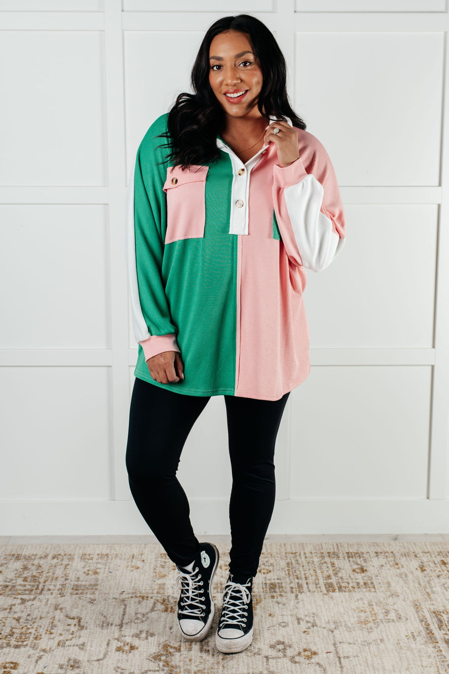 Chip Off the Old Colorblock V-Neck Henley in Green-Tops-Ave Shops-[option4]-[option5]-[option6]-[option7]-[option8]-Shop-Boutique-Clothing-for-Women-Online