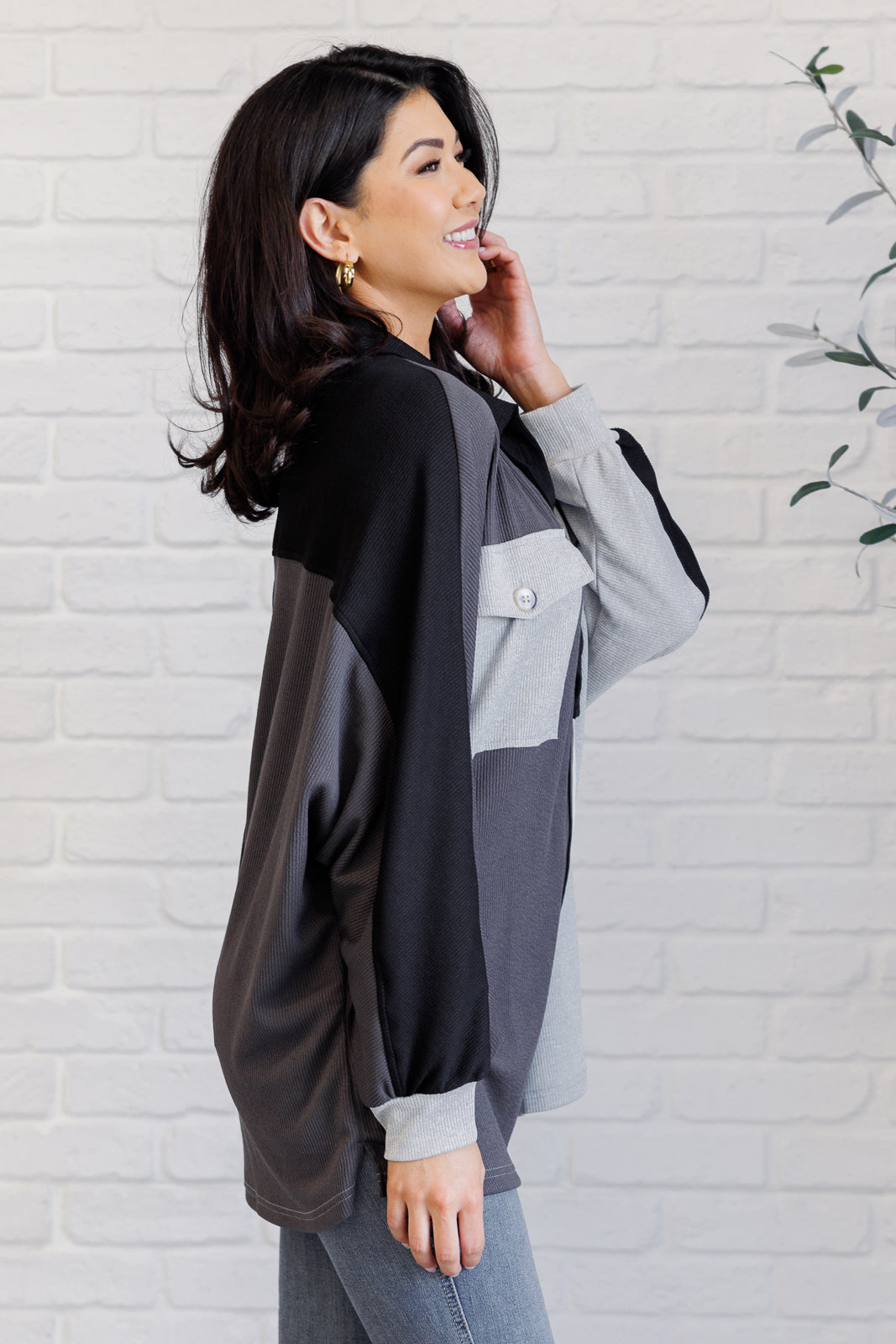 Chip Off the Old Colorblock V-Neck Henley in Grey-Tops-Ave Shops-[option4]-[option5]-[option6]-[option7]-[option8]-Shop-Boutique-Clothing-for-Women-Online